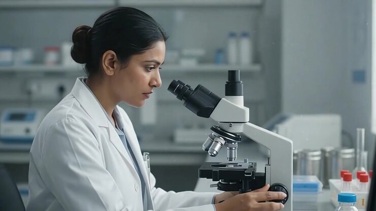 Female Scientist Examining Sample Under Microscope in Laboratory