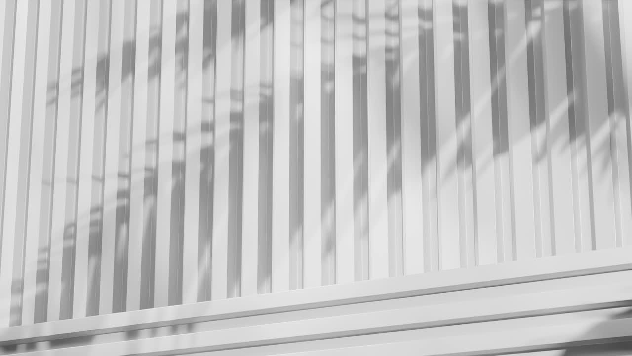 white metal panels with shadows of tropical leaves. Abstract architectural detail. Close-up photography with copy space for design and print