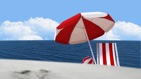 animación de sombrilla roja y blanca y silla de cubierta en la playa en un día soleado