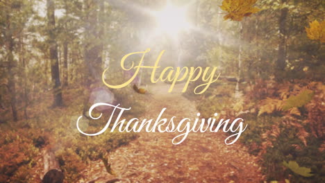 animation of happy thanksgiving text banner over maple leaves falling against forest park