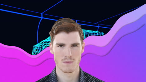 animación de hombre caucásico sobre onda púrpura, modelo de dibujo 3d de furgoneta y cuadrícula