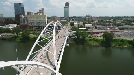 Broadway-Bridge---Arch-Bridge-That-Spans-The-Arkansas-River-In-USA---aerial-drone-shot