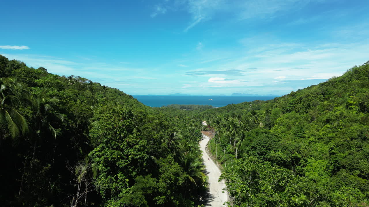 sobrevuelo aéreo de las tierras altas tropicales en la isla de koh phangan y el océano en el fondo durante un día soleado, tailandia