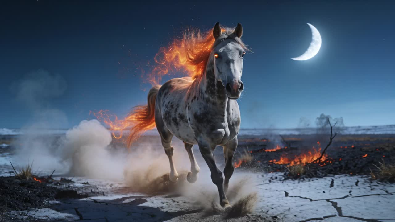 Embers flaring, dapple-gray horse charging across scorched plain, trailing flaming mane and tail