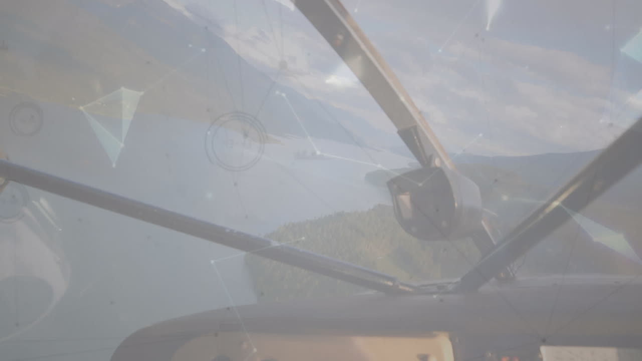 하늘을 날고 있는 비행기의 조종석 위에 있는 프로필 아이콘 네트워크와 플렉서스 네트워크의 애니메이션