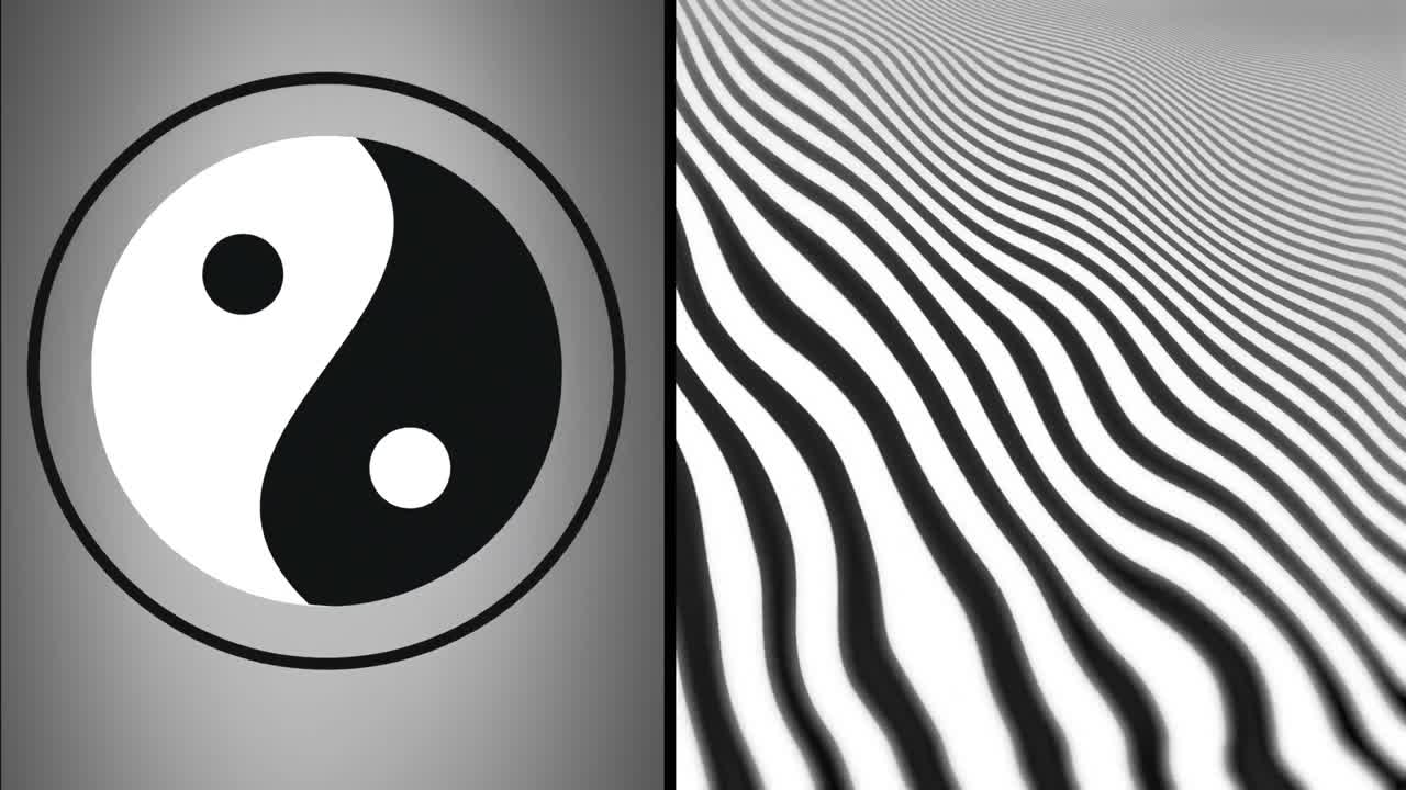 animación del símbolo yin yang y las líneas sobre fondo gris.
