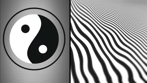 animation of yin yang symbol and lines over grey background