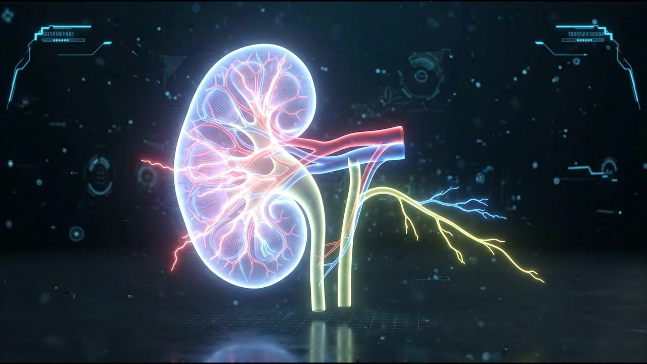 Glowing 3D human kidney with renal artery and vein on dark background