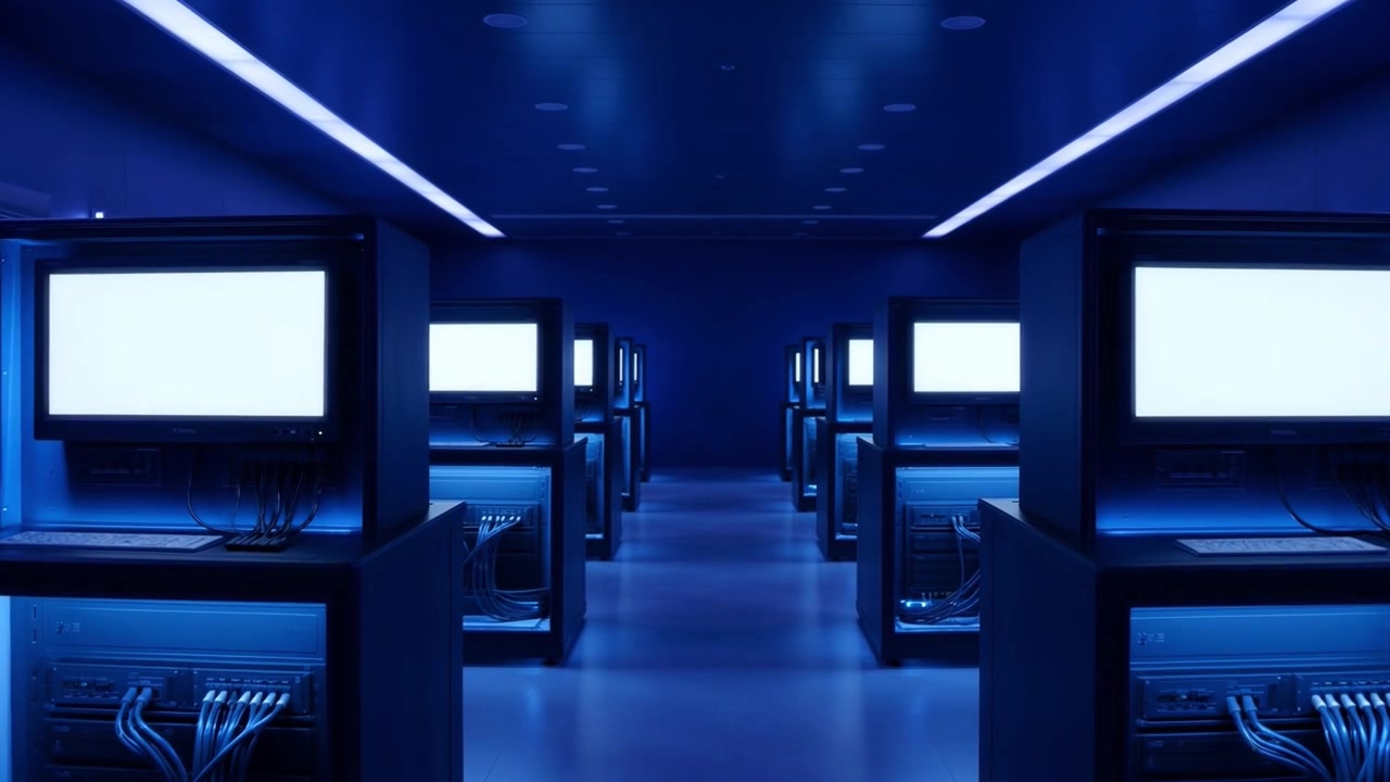 Moderne datasenter med rader av servere og blå belysning