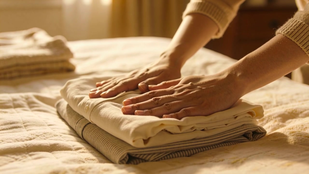 Mani in maglione che posano una camicia su una pila piegata sul letto a casa, lisciando e riordinando la biancheria