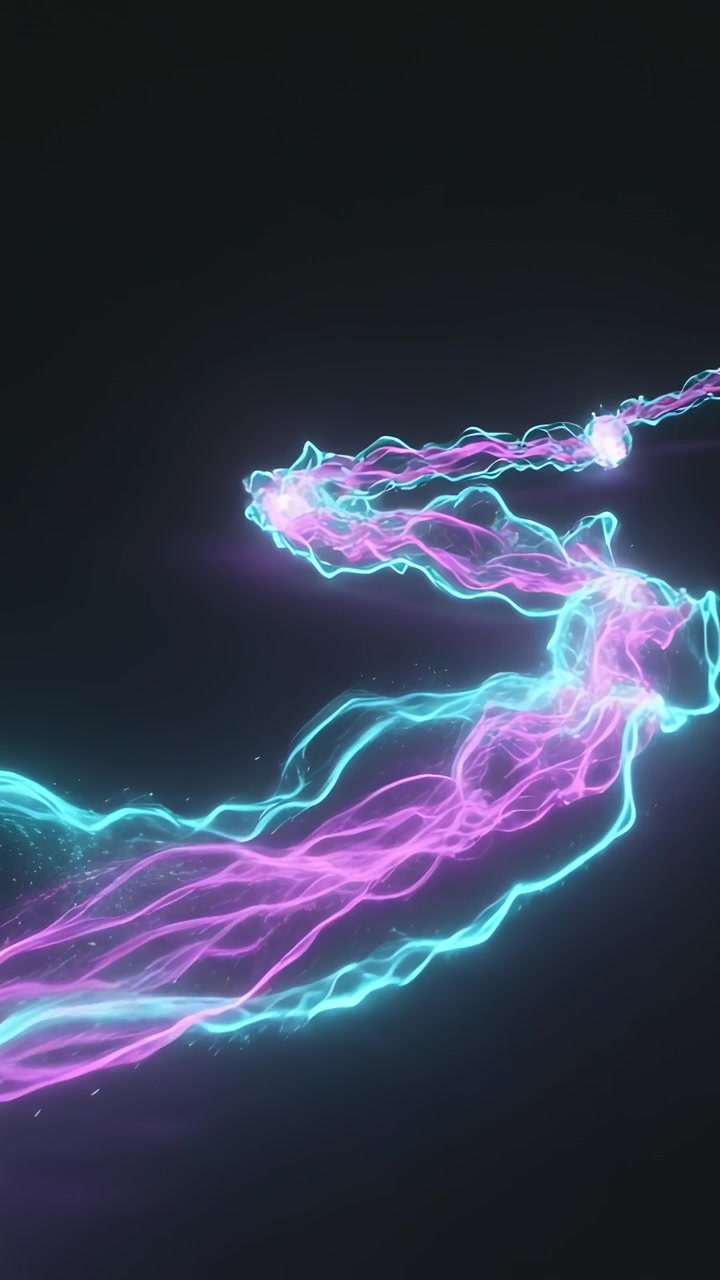 Video verticale: Filamenti ciano e magenta che si srotolano, sprigionando scintille, emessi da un bagliore in alto a destra.