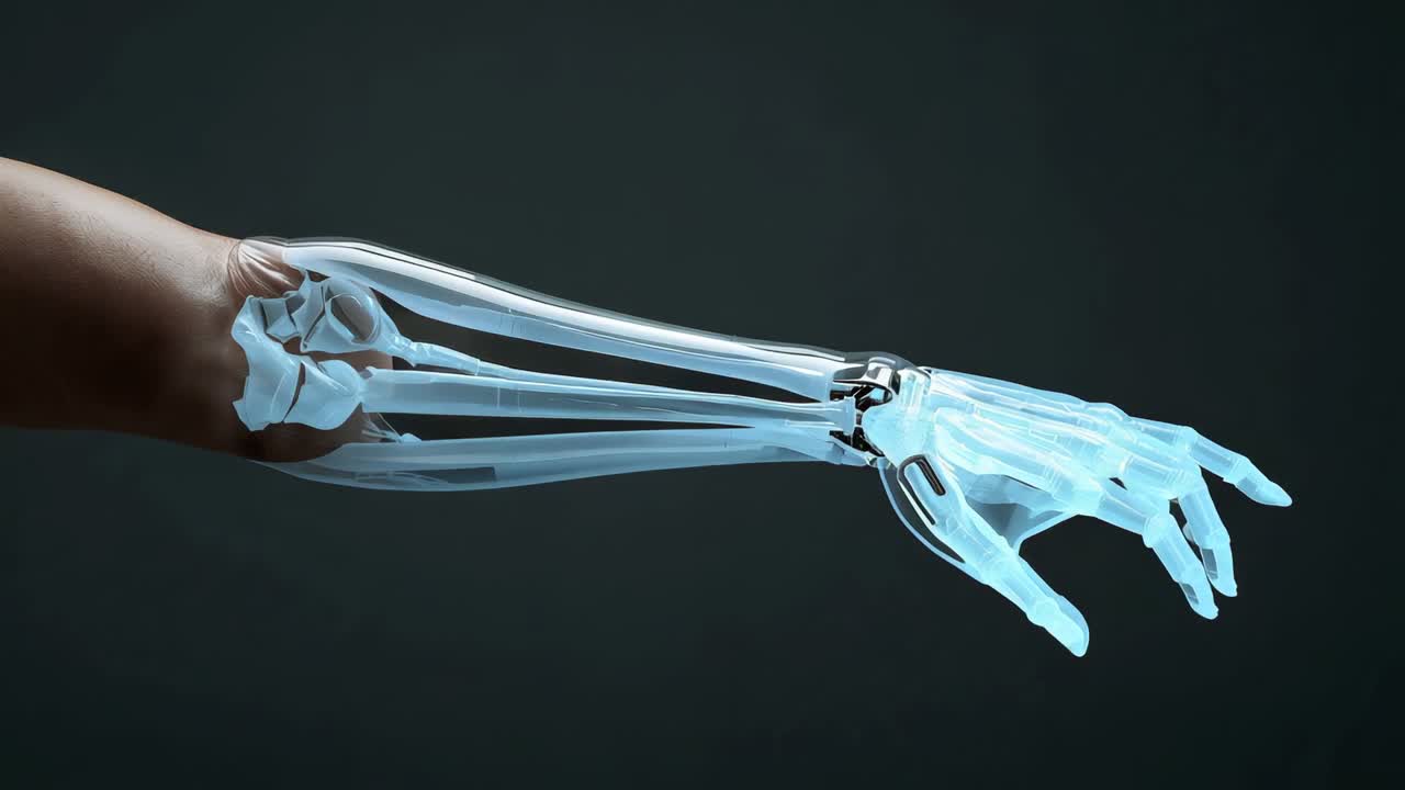 Activating single forearm demonstrating translucent prosthetic overlay and glowing bones in studio