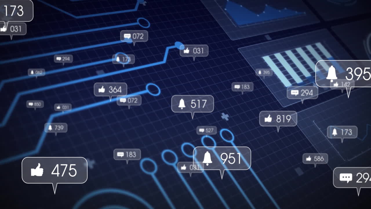 Animation of social media notifications and likes over digital circuit board background