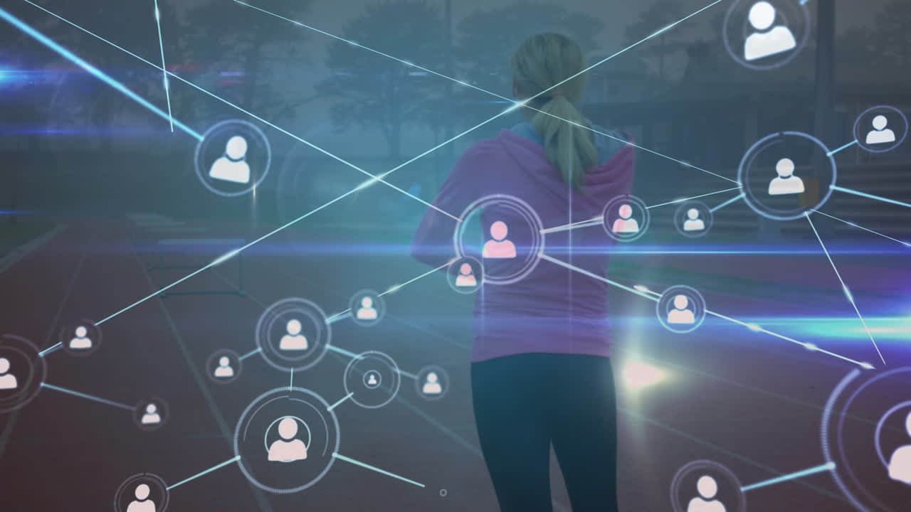 달리기 트랙에서 여성 선수와 함께 글로벌 커뮤니케이션과 네트워킹에 대한 복합 비디오