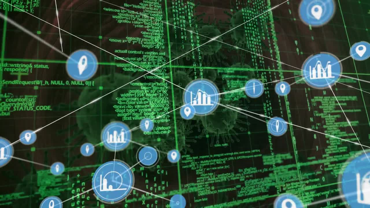 검은색 배경에 코로나 세포에 대한 연결 네트워크와 데이터 처리의 애니메이션