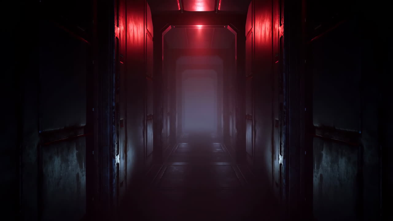 Ominous Red Lit Sci-Fi Corridor with Fog