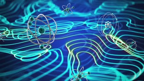 Animation-of-micro-of-atom-models-over-lines-on-blue-background