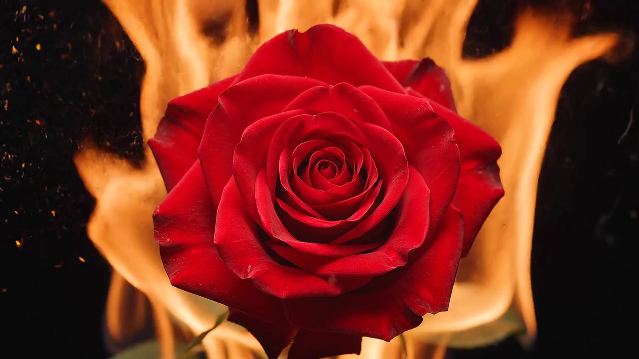 Rote Rose umgeben von intensiven orangefarbenen Flammen auf schwarzem Hintergrund.