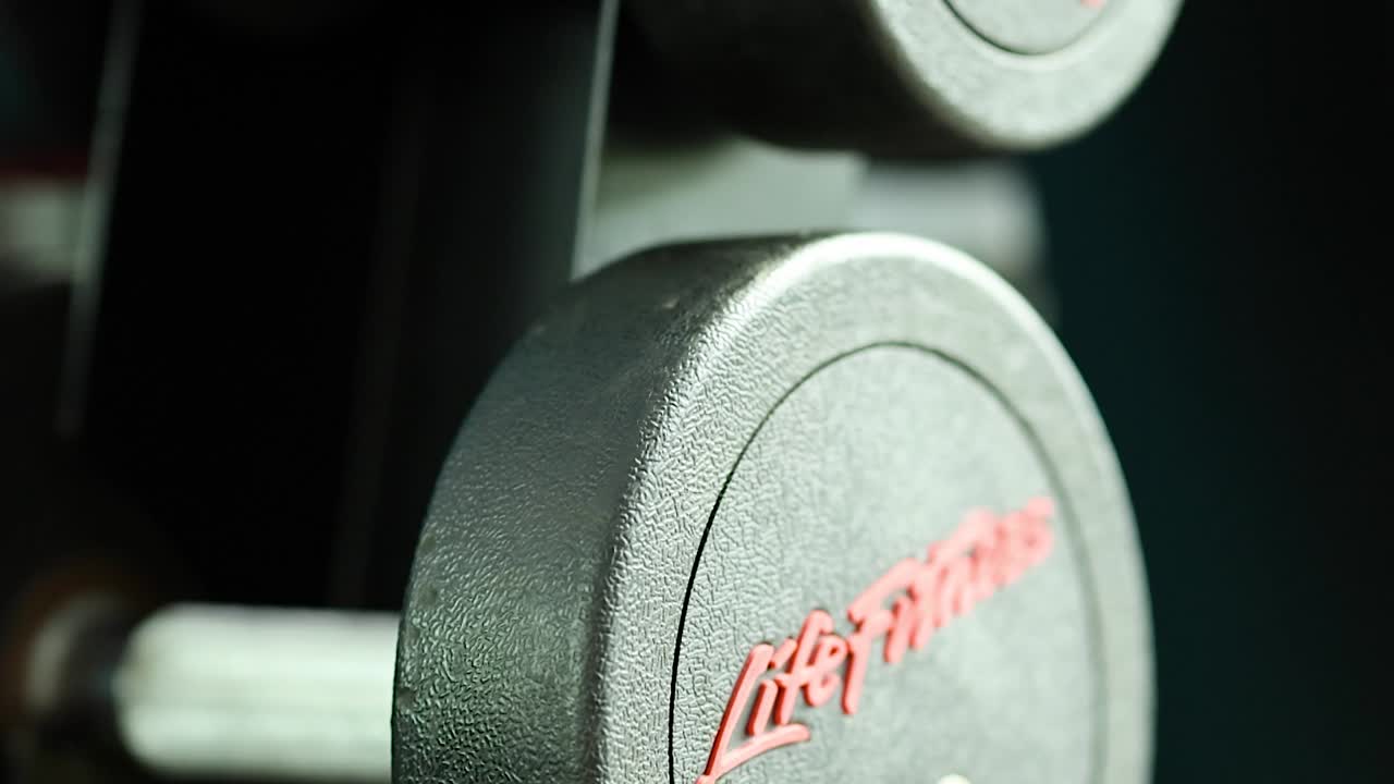 Detailed view of black dumbbells with weight markings arranged on a vertical storage rack