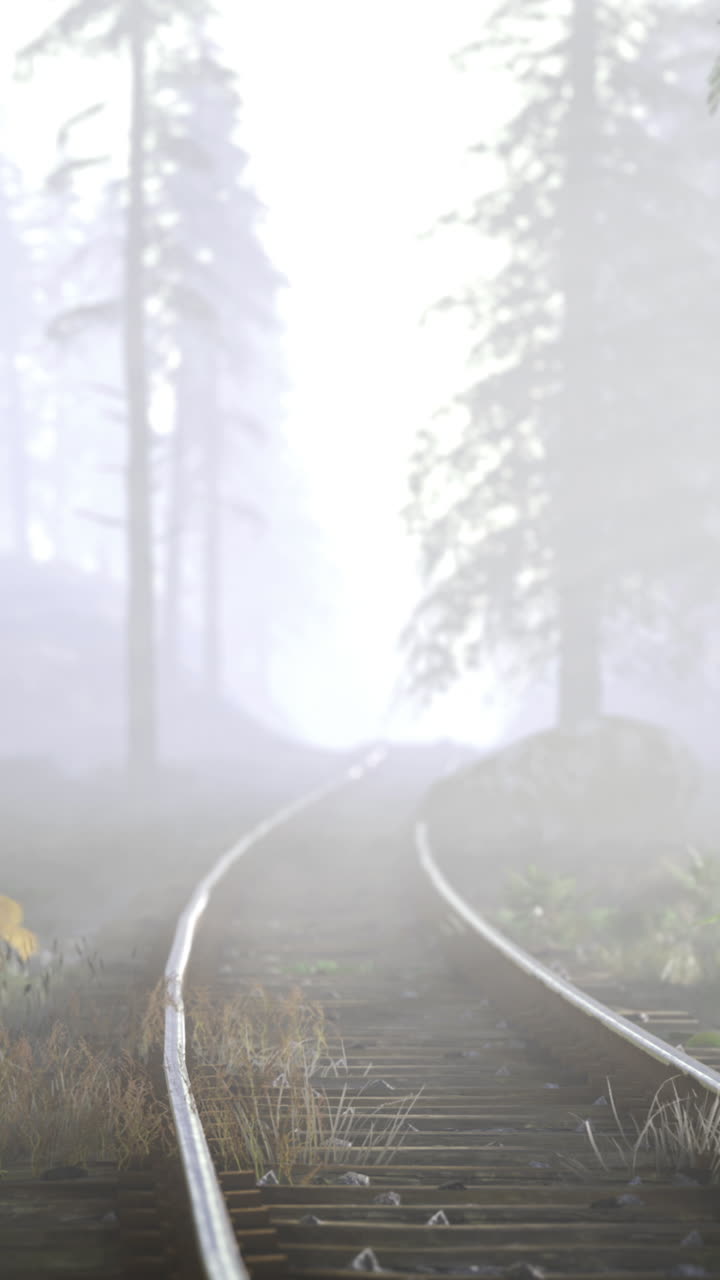 Foggy forest landscape with winding railway tracks approaching the horizon