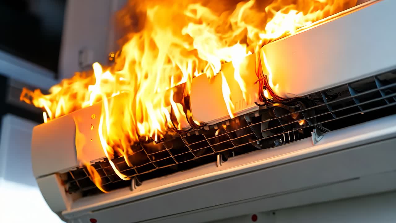 불타는 에어컨의 클로즈업