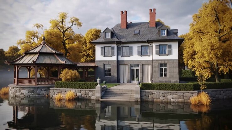 Caméra panoramique révélant une maison lacustre et un belvédère au bord de l'eau pour mettre en valeur la façade et les reflets.