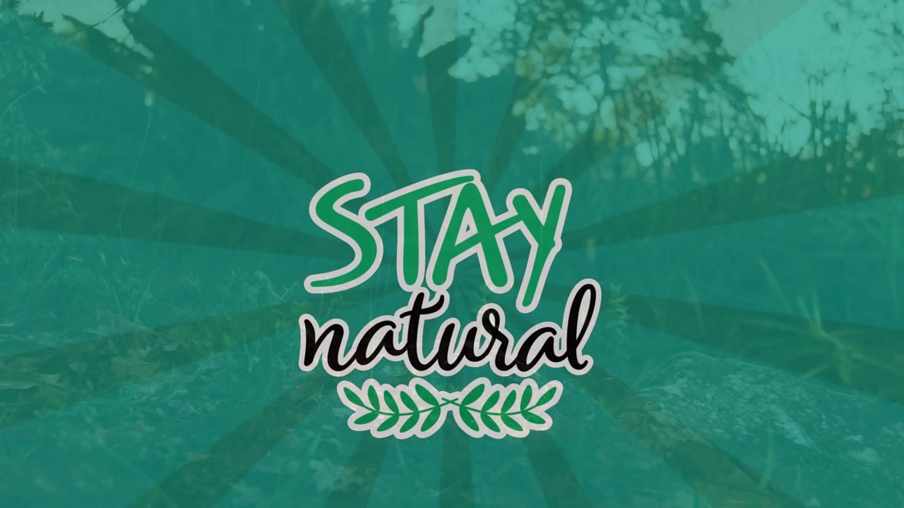 Animazione del testo "stay natural" su strisce verdi rotanti a forma di quadrante e piante.