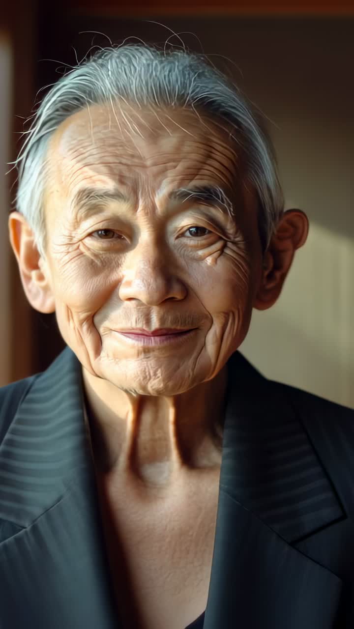 Vertical video: Smiling senior Asian man wearing dark jacket responding to camera zoom near window