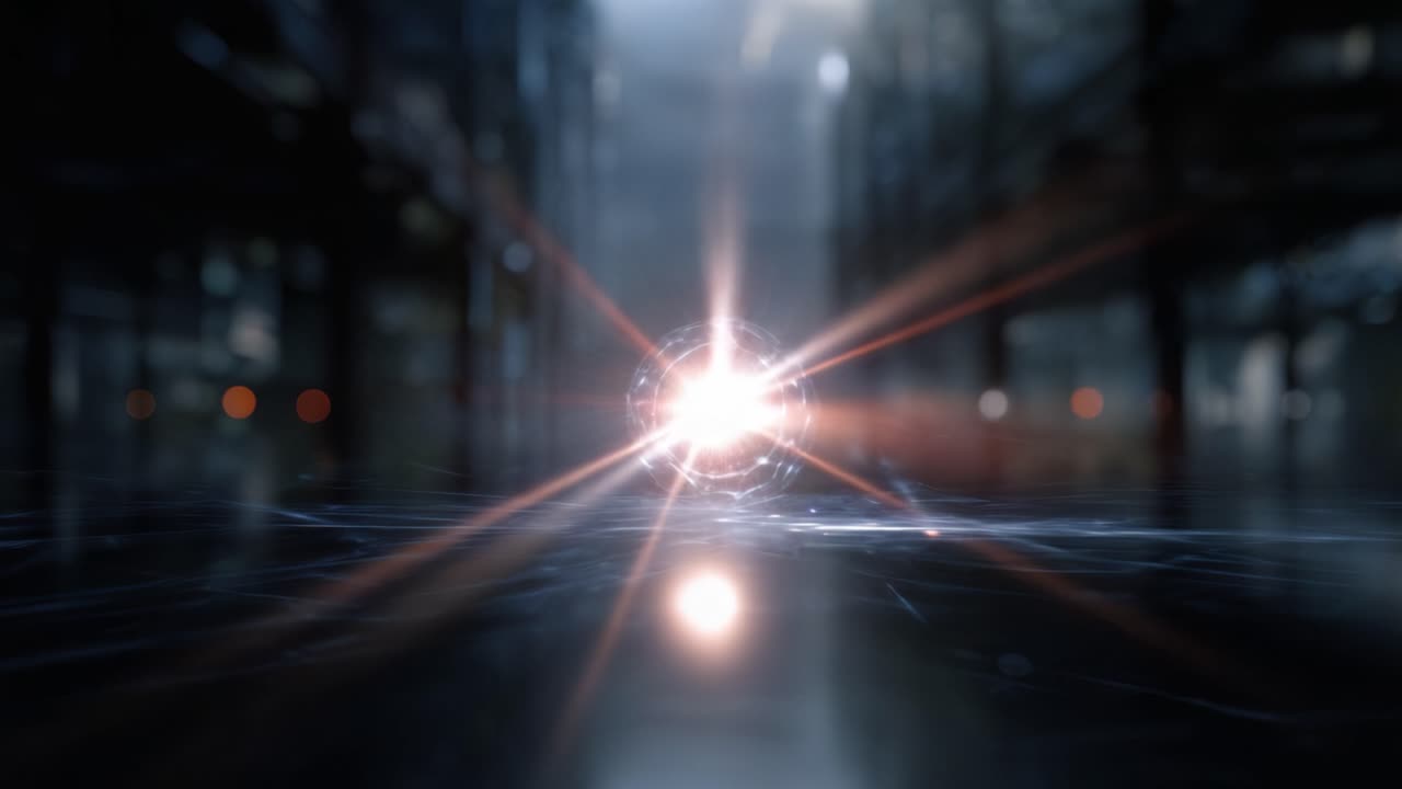 A Radiant Energy Sphere Illuminates the Surrounding Environment with Brilliant Light and Dynamic Flare Effects in a Dimly Lit, Atmospheric Setting