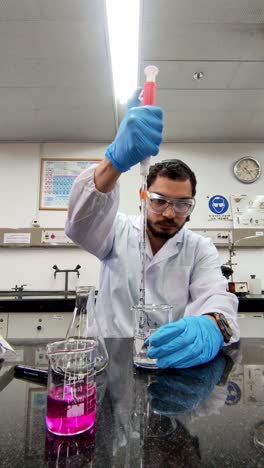 scientist using an erlenmeyer flask and pipette in laboratory