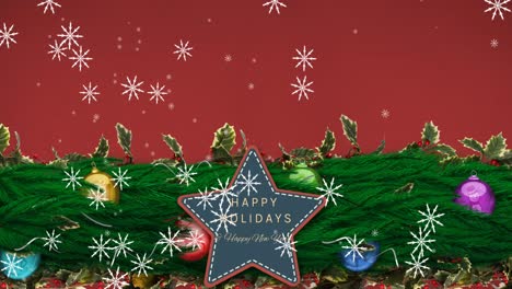 Animation-of-snowflakes-falling-over-christmas-decorations-with-star,-happy-holidays-and-red