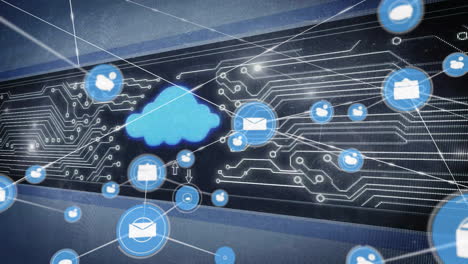 cloud computing and email icons animation over circuit board background