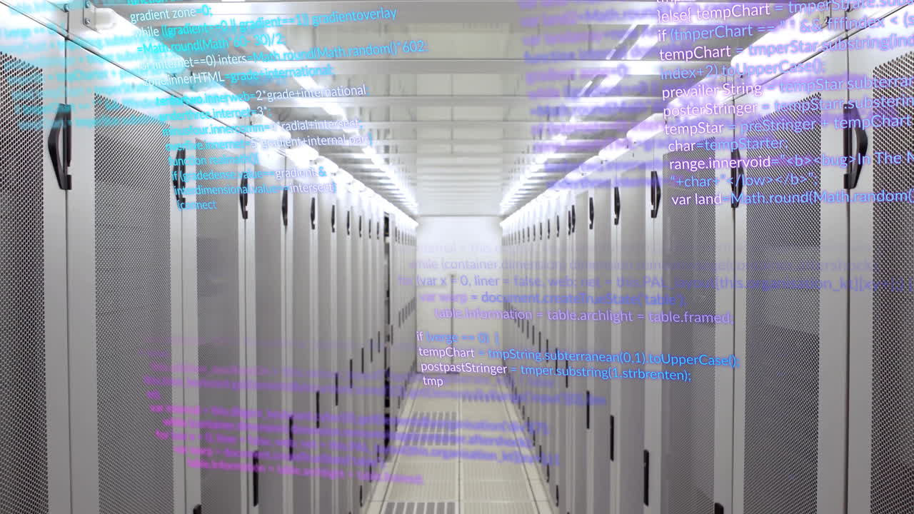 Data processing code animation over server racks in data center