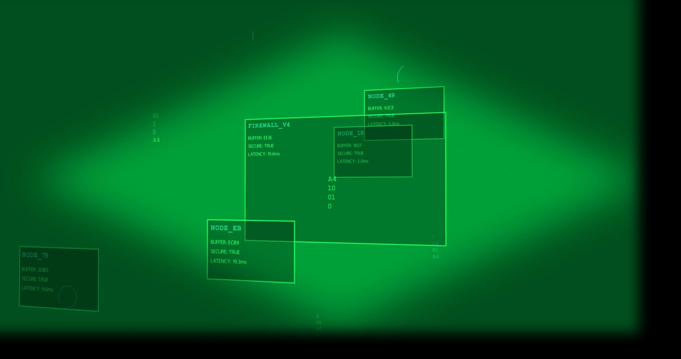 FIREWALL_V4 pulsing on ping over transparent workspace, NODE_49 expanding, showing system health