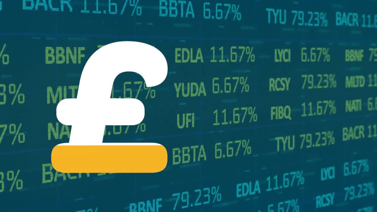 영국 파운드 기호의 애니메이션과 금융 데이터 처리