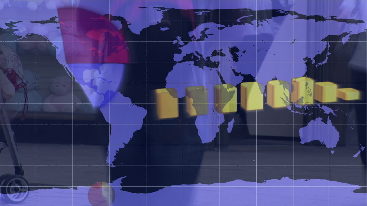 금융 데이터 처리의 애니메이션과  ⁇ 는 사람들 위의 세계 지도