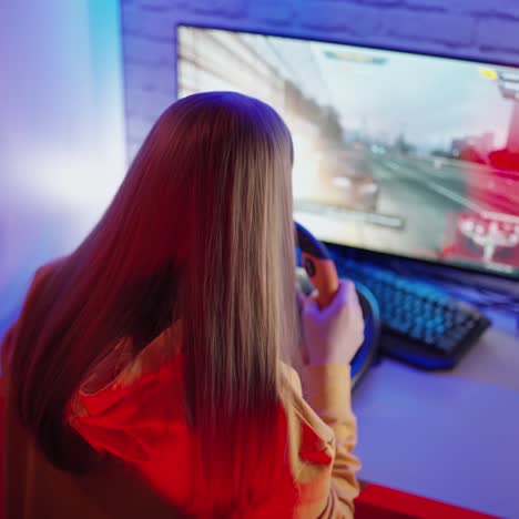 girl playing racing simulator game