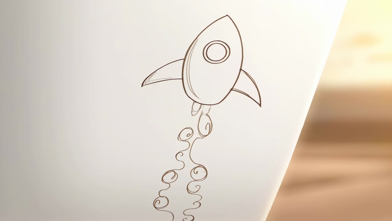 Minimal line drawing of a small rocket on a curled white paper corner, shown against a soft warm background with gentle light and shallow focus