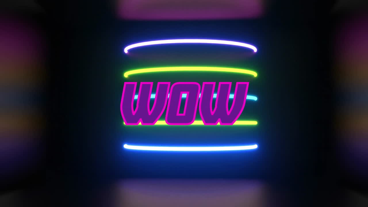 Animação de texto Uau com luzes neon em fundo preto