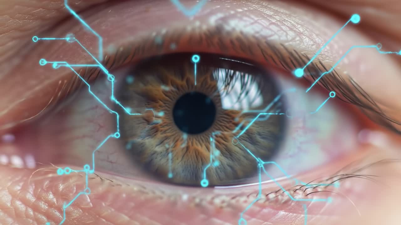 Close examination reveals the complexity of the human eye, featuring detailed textures and colors complemented by a digital design. Discover how technology enhances our understanding.