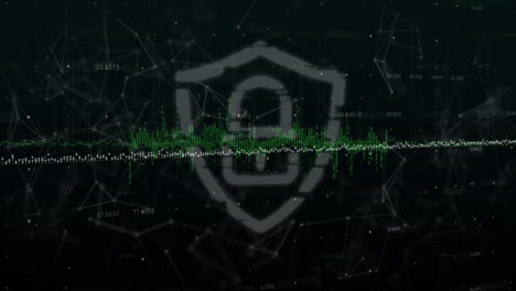 animación del procesamiento de datos a través del icono del candado de seguridad y la red de conexiones.