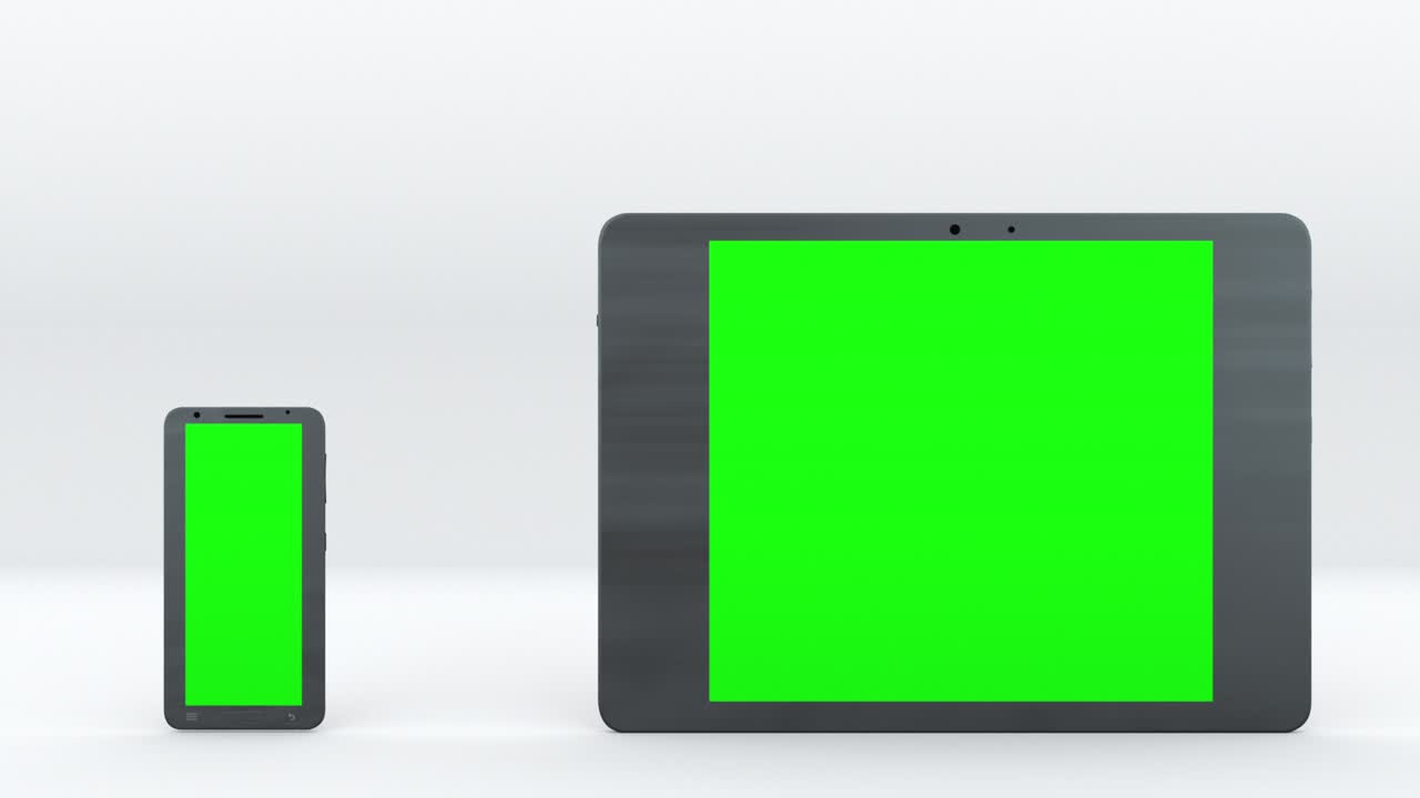 녹색 화면을 가진 태블릿 및 스마트폰, 컴퓨터 생성, 터치 스크린 장치, 3d 렌더링, 컴퓨터 생성에 현대적인 배경