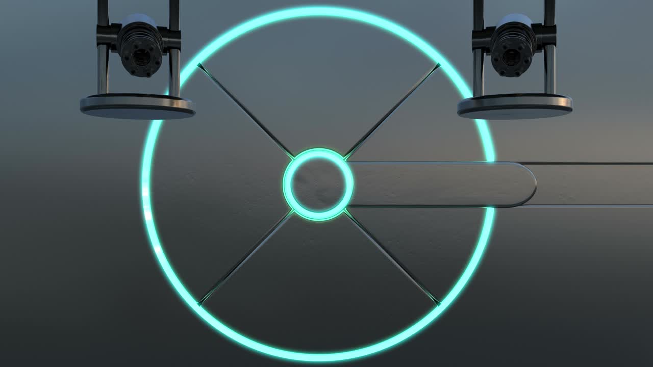 금속 게이트웨이를 닫는 3d 애니메이션, 오토 타 (가틀링 기관총) 과 사격, 사이버 보안 시스템 작업 과정, 알파 채널과 함께 미래 기술 추상화.