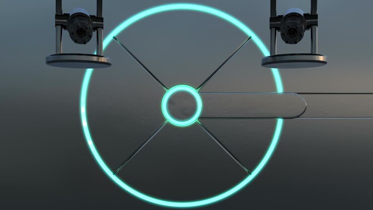 3d animation of closing metallic gateway. Appearing of auto turret (gatling machine gun) and shooting. Cyber security system working process. Futuristic technology abstract with alpha channel.