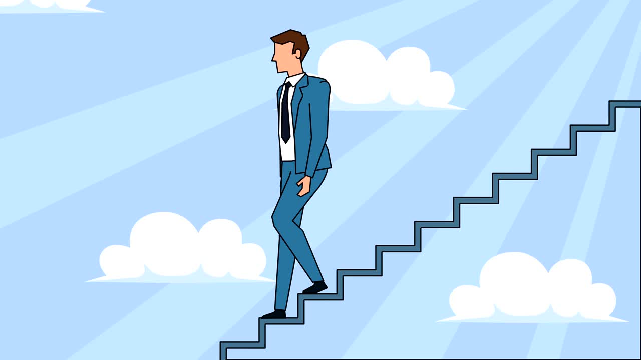 personaje de dibujos animados de hombre de negocios plano baja por la escalera de la carrera escaleras de concepto de animación