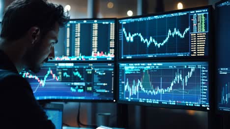 a man sitting at a desk in front of multiple computer monitors