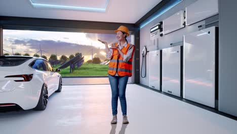 full body of asian female engineer with safety helmet smiling and pointing to side with home energy storage system in a modern garage