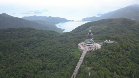 aerial view of tian tan buddha at ngong ping, lantau island in hong kong