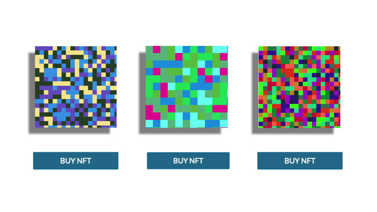 Making a purchase on an NFT Non Fungible Asset marketplace online. The curser clicks on the buy nft button and buys the virtial digital art