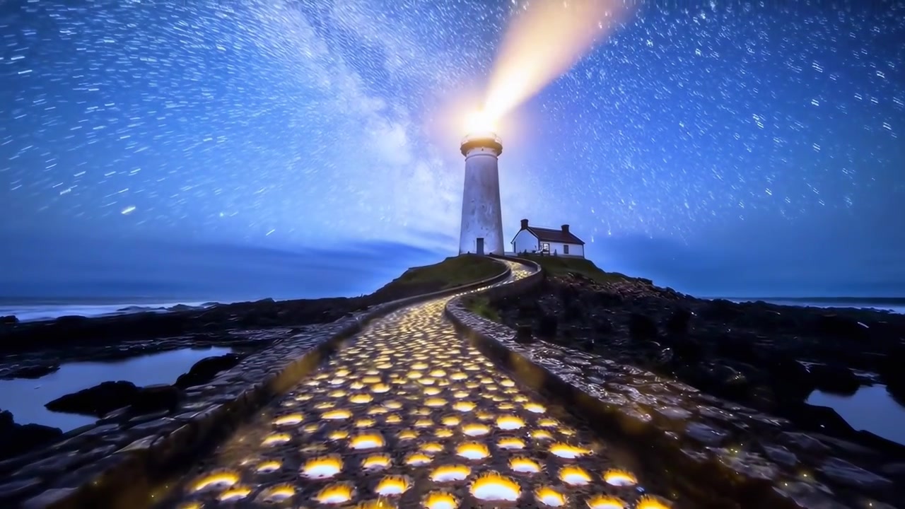 Time-lapse di un faro di notte con scie stellari rotanti